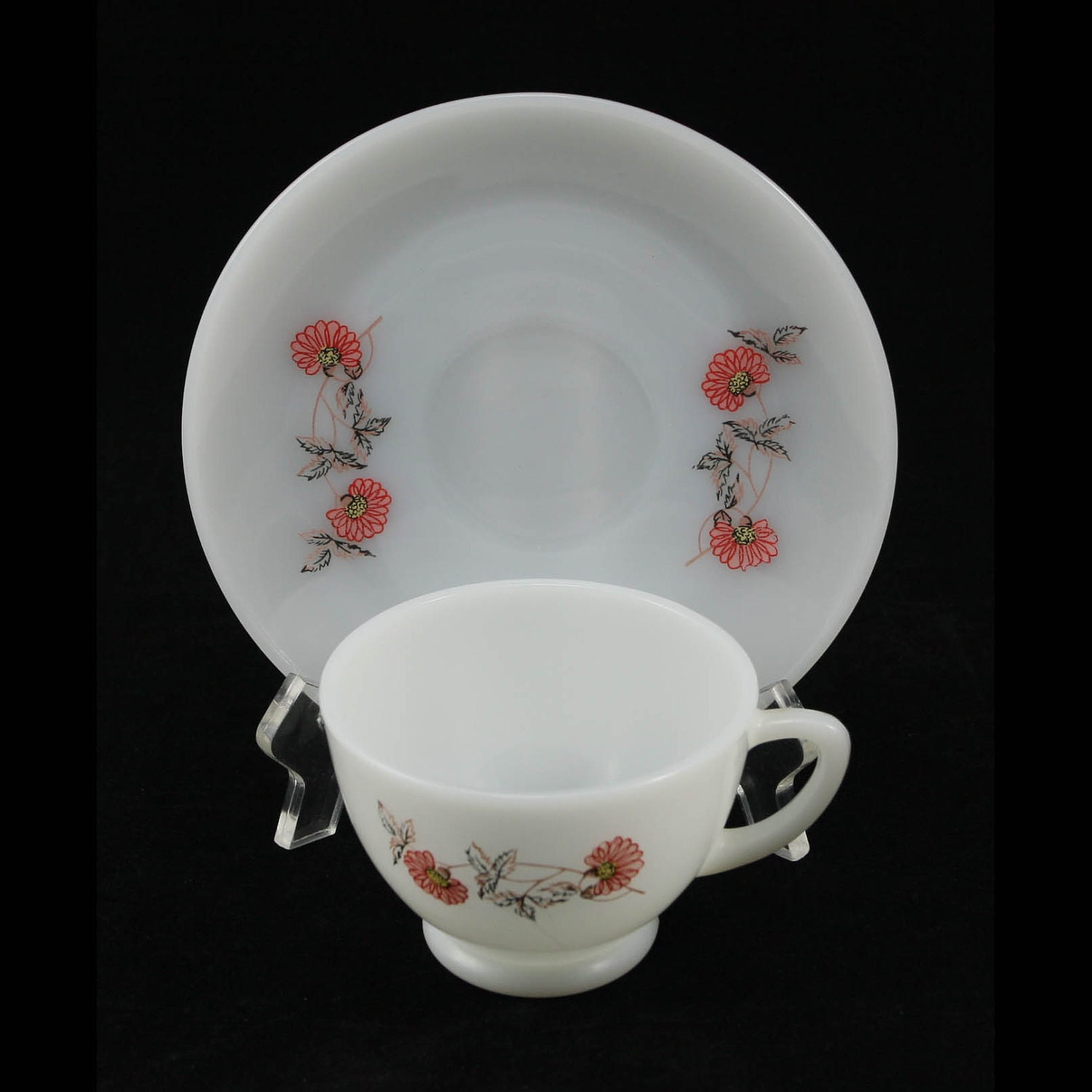Fire King Glass Fleurette Teacup Saucer Vtg Red Flower
