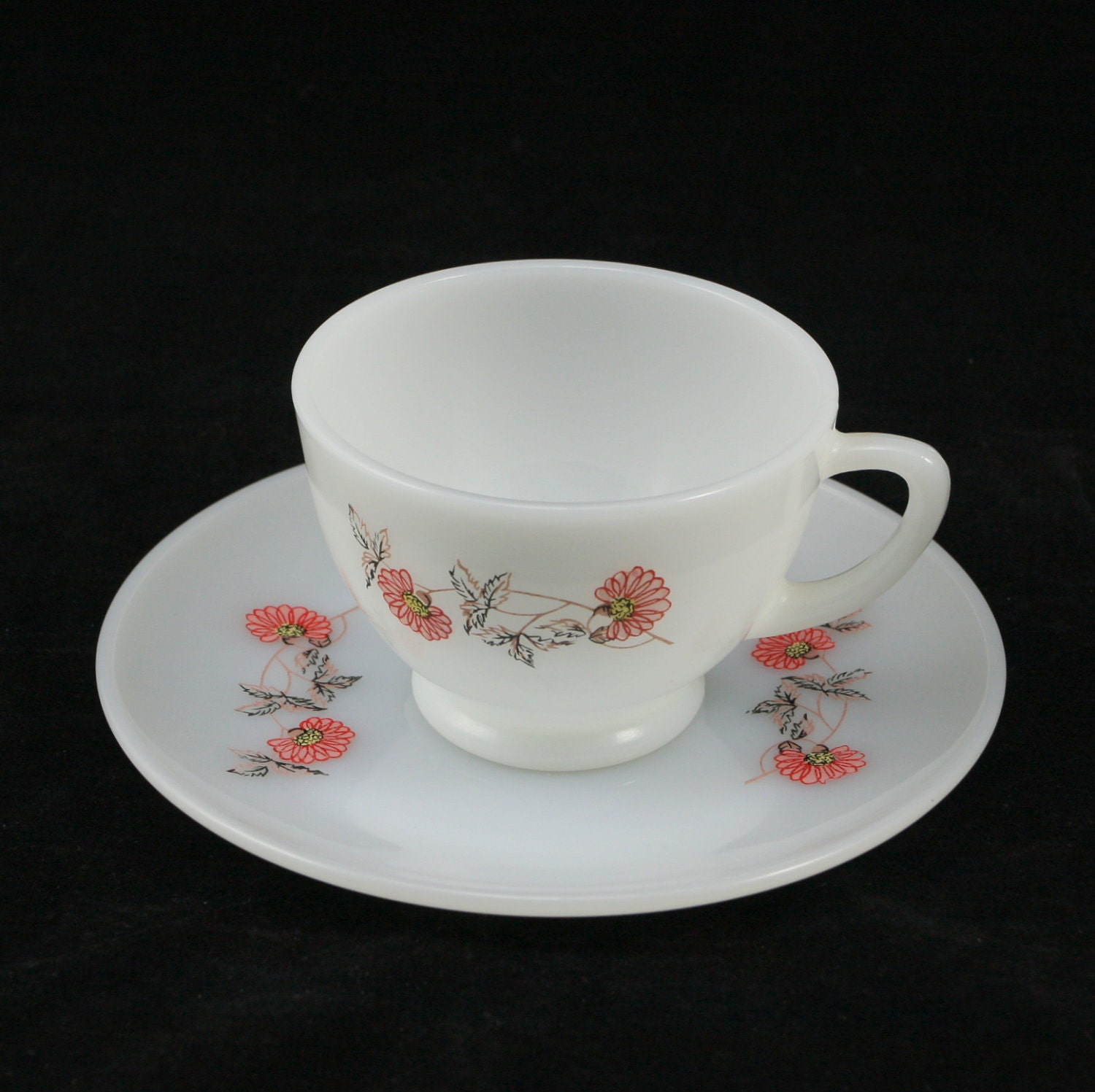 Fire King Glass Fleurette Teacup Saucer Vtg Red Flower