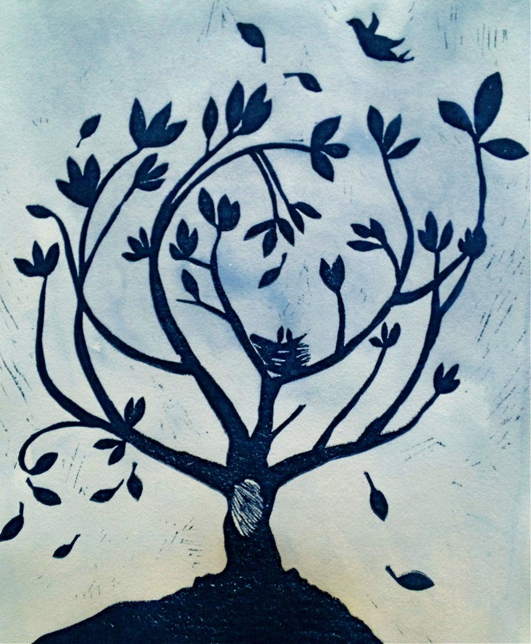 Nesting Tree - linocut print with hand watercolor additions by Michelle Han