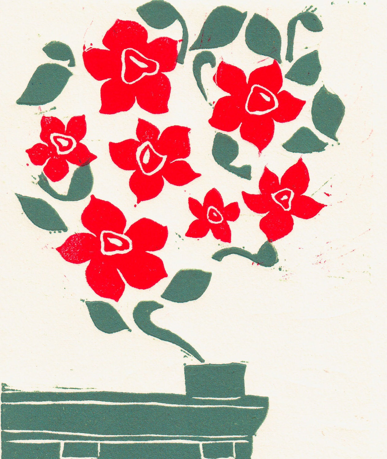 Brownstone Blooming - linoleum block print by Michelle Han