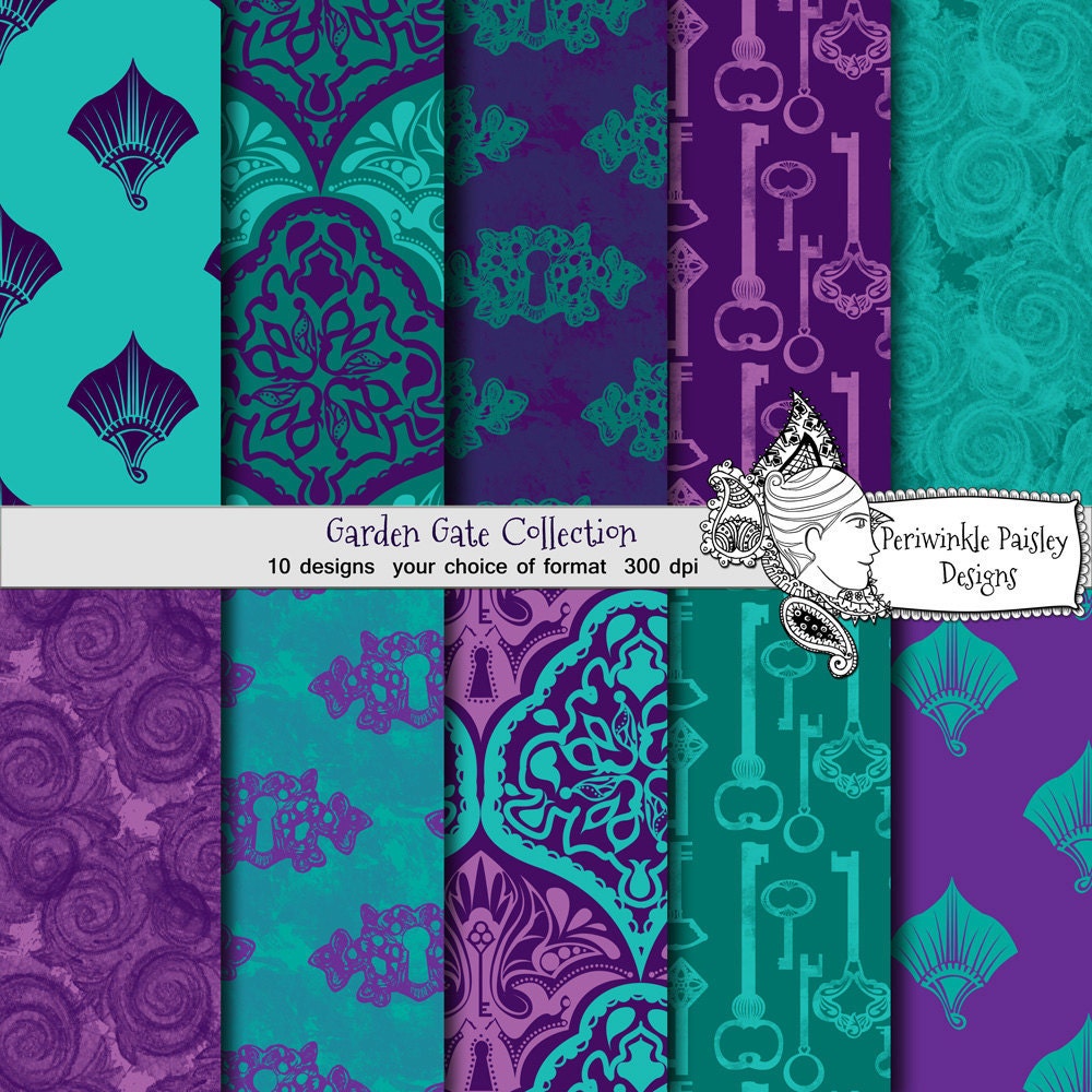 Scrapbooking Papers Digital Download Garden Gate green purple damask