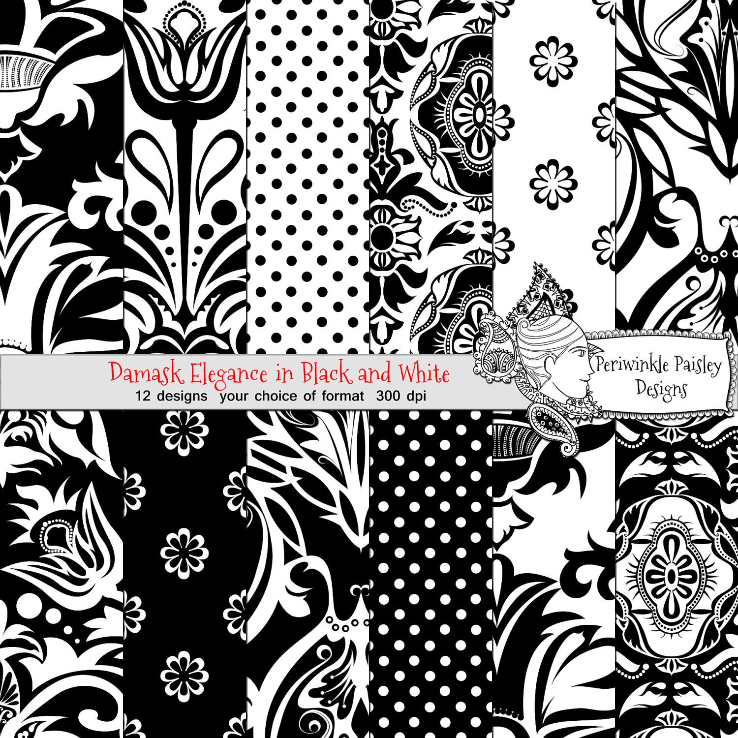 Scrapbooking Papers Digital Download Black and White Elegance Damask
