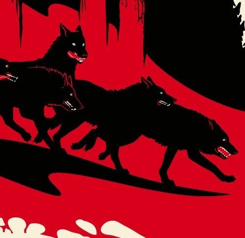 Pack of wolves running through forest - Giclee Print