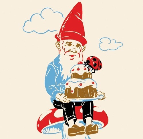 Gnome on mushroom with cake and ladybug - Giclee Print