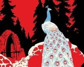 Peacock within forest ruins - Giclee Print