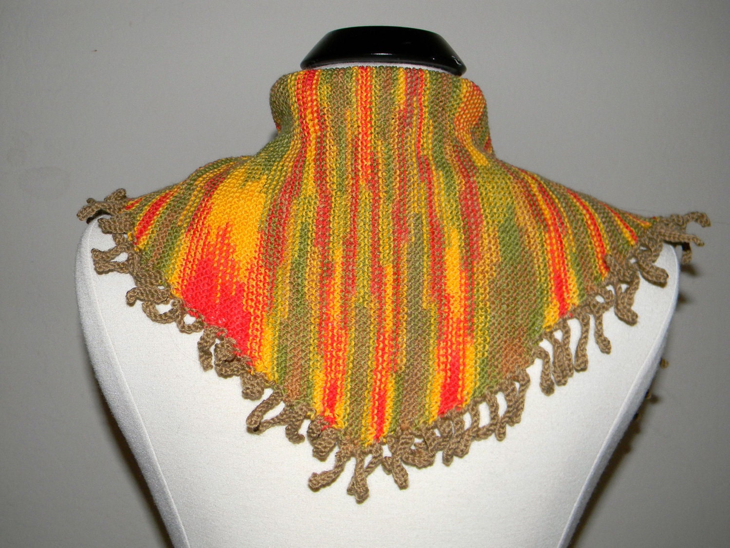 Knitted scarf, shawl, in washable merino, baktus scarf with fringe orange, yellow, green