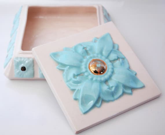 Vintage Ceramic Dish/Box  Gold and Blue on White