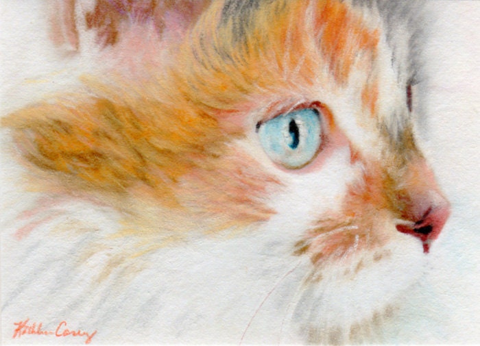 Blue Eyed Calico Cat pastel painting ACEO original