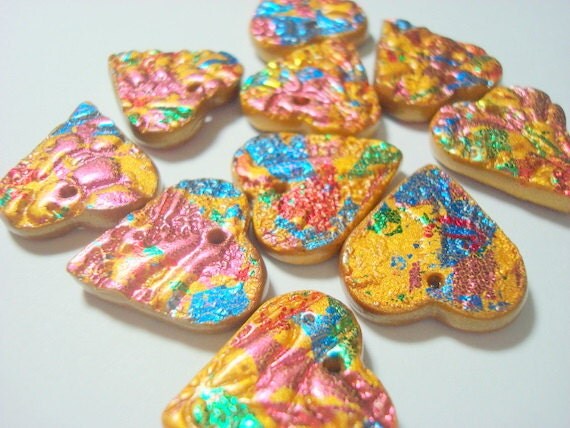 Handmade Confetti Crackle Gold Texture Polymer Clay Heart Beads