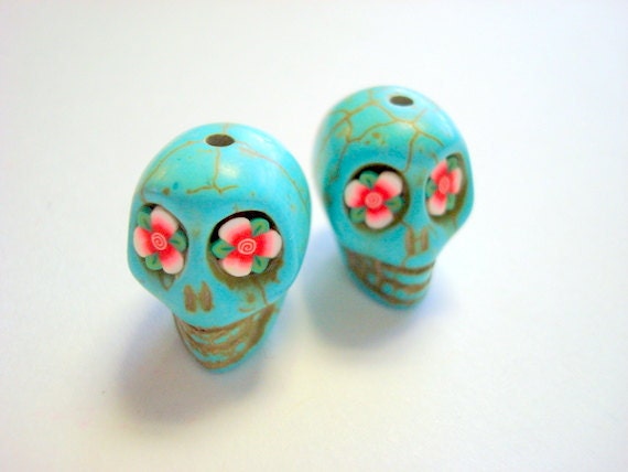 Turquoise Howlite Skull Beads with Red Flower Eyes