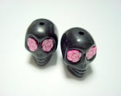 Pink Rosy Eyes in Black Day of The Dead Skull Beads 18mm