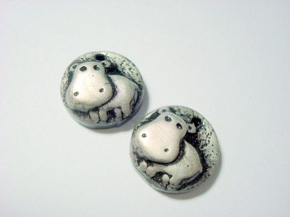 Happy Little Hippos Black and Silver Handmade Polymer Clay Focal Beads