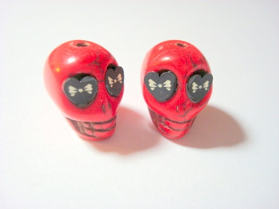 Black Heart Eyes in Red Howlite Sugar Skull Beads
