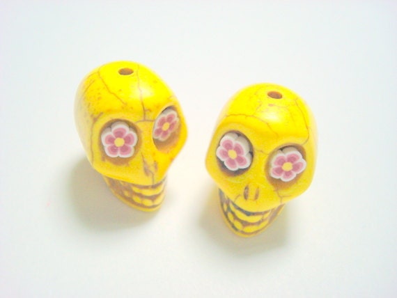 Maroon Flower Eyes Sunny Yellow Howlite Day of the Dead Sugar Skull Beads