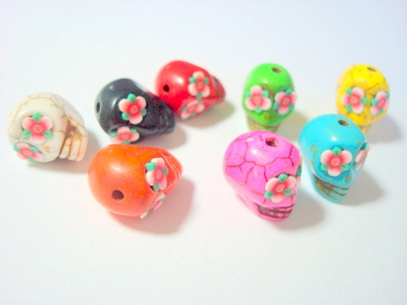Red Rose Eyes in Colorful Howlite Sugar Skull Beads-Variety Lot of Eight 13mm Beads