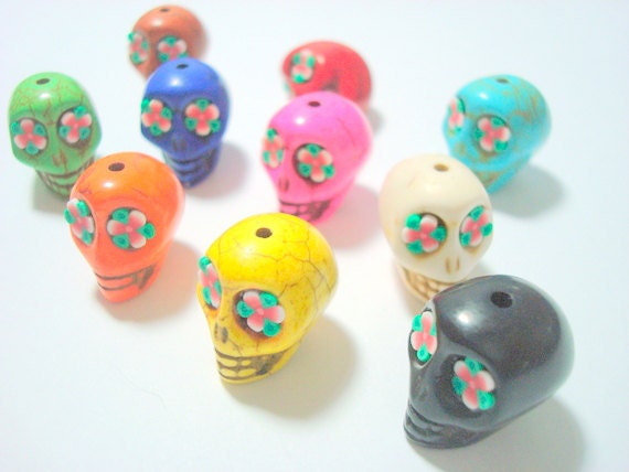 Red Rose Eyes in Colorful Howlite Sugar Skull Beads-Variety Lot of Ten Beads