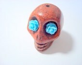 Gigantic Brown Howlite Skull Bead or Pendant  with Turquoise Roses in Eyes