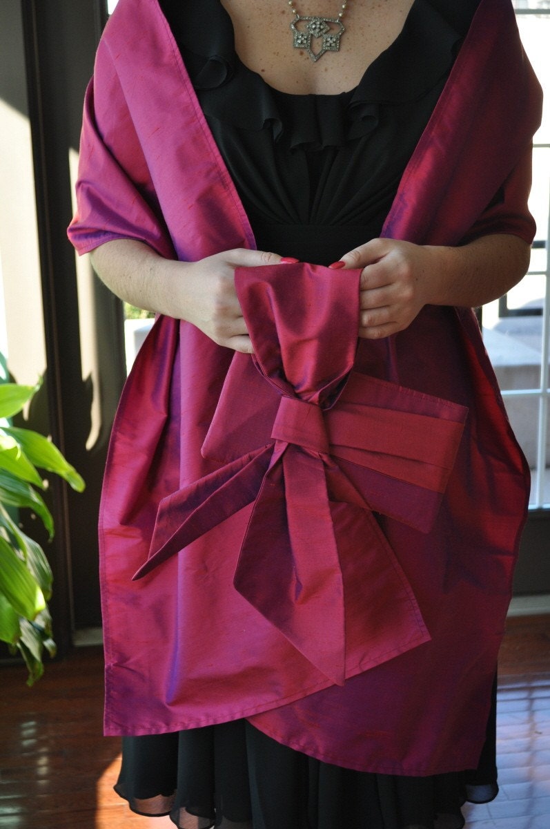 Wrap and Clutch - Matching Set in Raspberry Silk Doupioni, mother of bride or groom shawl and purse, wedding  formal wear dark pink