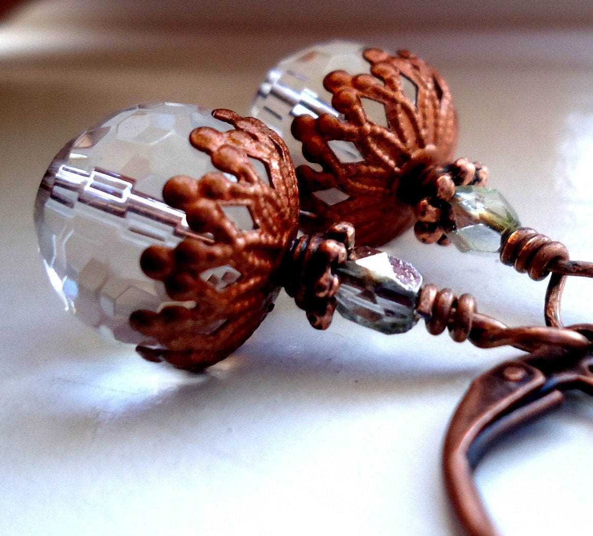 Crystal Earrings Glass Ball with Antique Copper