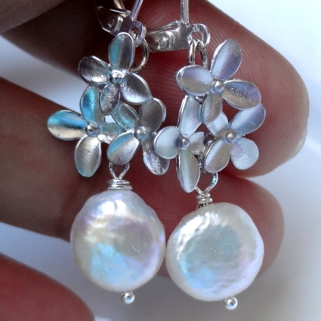 Coin Pearl Earrings, Silver Flower Earrings, Ivory Pearl Earrings, Bridesmaid Jewelry
