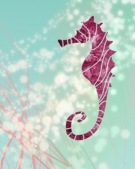 Seahorse Nursery Art - 8x10 Print - Nautical Illustration Home Decor Bubbles Modern Wall Art - Purple magenta Blue Green