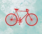 Bicycle Art Bike Print - 12x18 (red and turquoise)