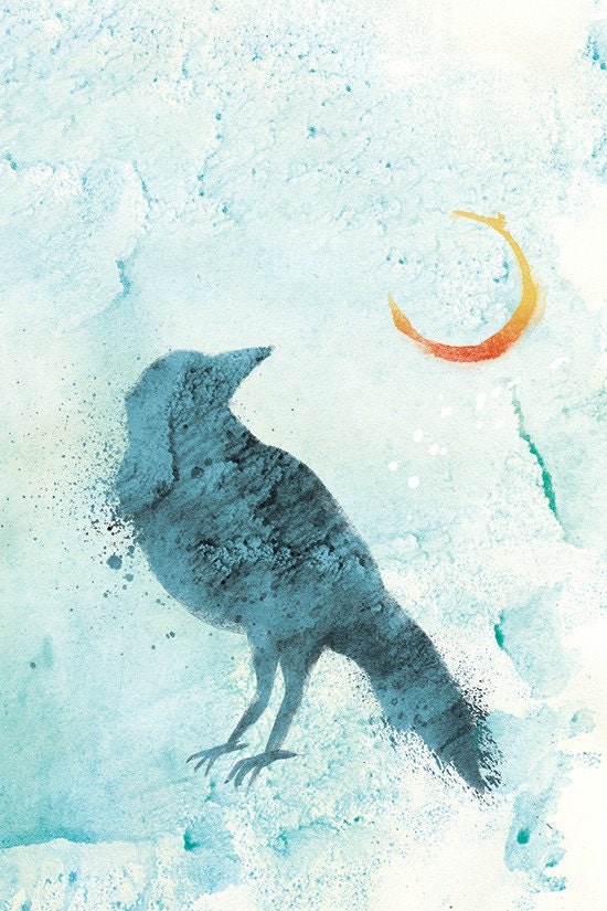 Raven Art Print - 24x36 LARGE - Call of the Moon - Blue