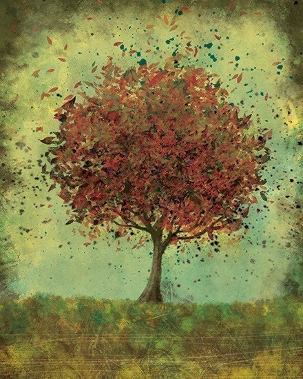 Fall Tree Art - Welcome Change (rustic green and burnt orange) - 8x10 Print