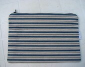 Large pouch in blue & cream ticking fabric
