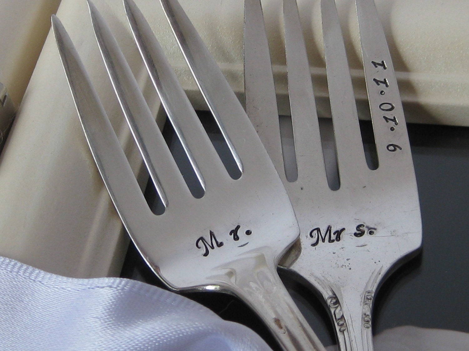 Vintage Upcycled I Do & Me too Wedding or Anniversary Silverplated Hand Stamped Cake Dessert Fork Set