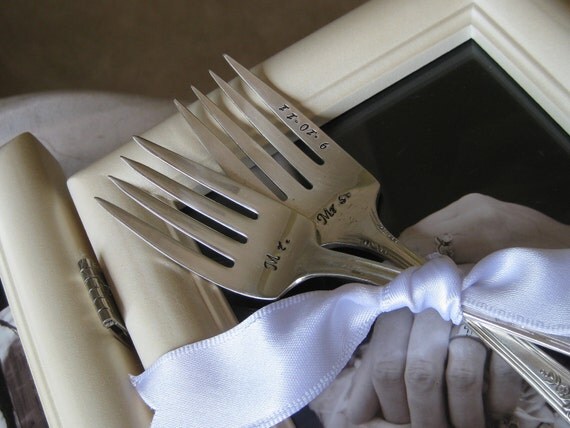 Vintage Upcycled I Do & Me too Wedding or Anniversary Silverplated Hand Stamped Cake Dessert Fork Set