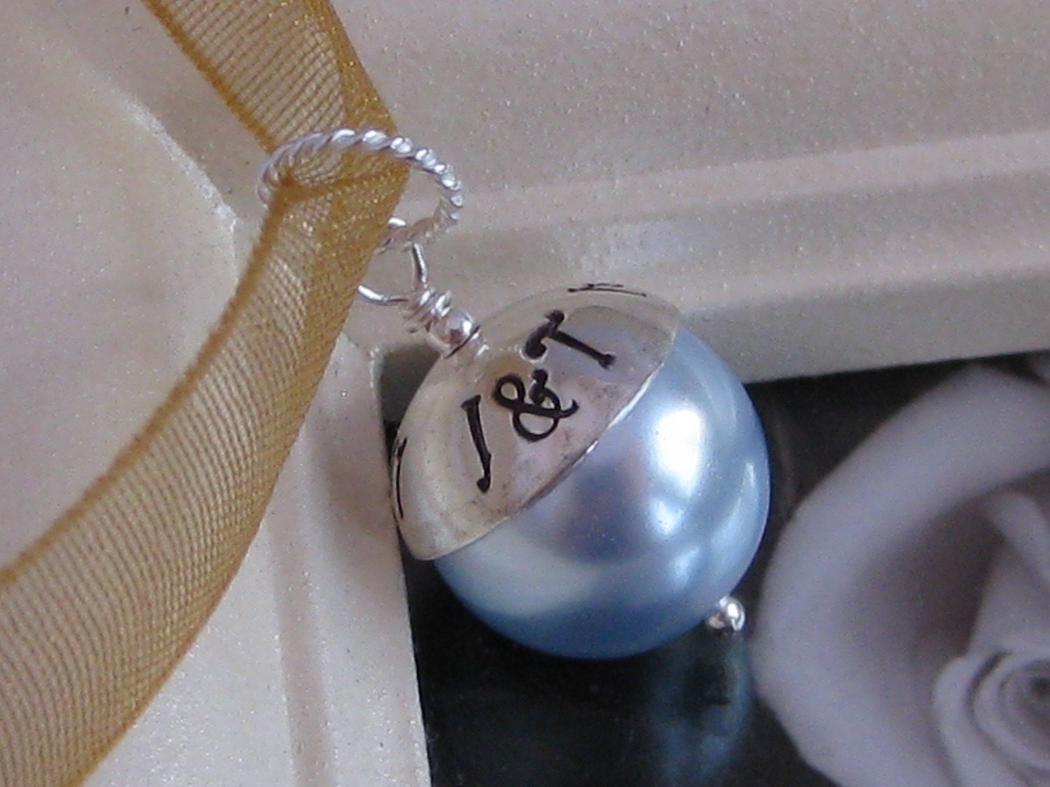 SOMETHING BLUE- Custom Handstamped wedding bridal bouquet charm- Fits Large Hole Charm bracelet