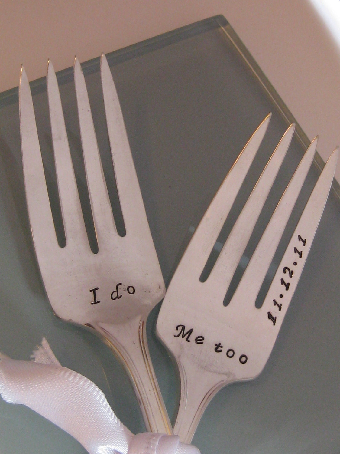 Vintage Upcycled I Do & Me too Wedding or Anniversary Silverplated Hand Stamped Cake Dessert Fork Set