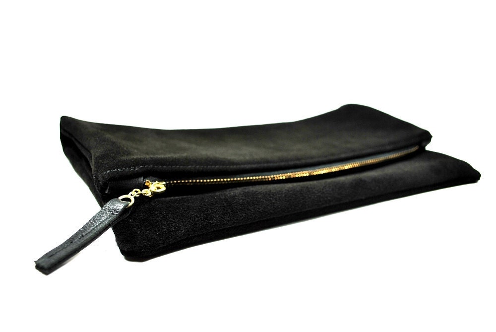 Oversized leather fold clutch in classic black