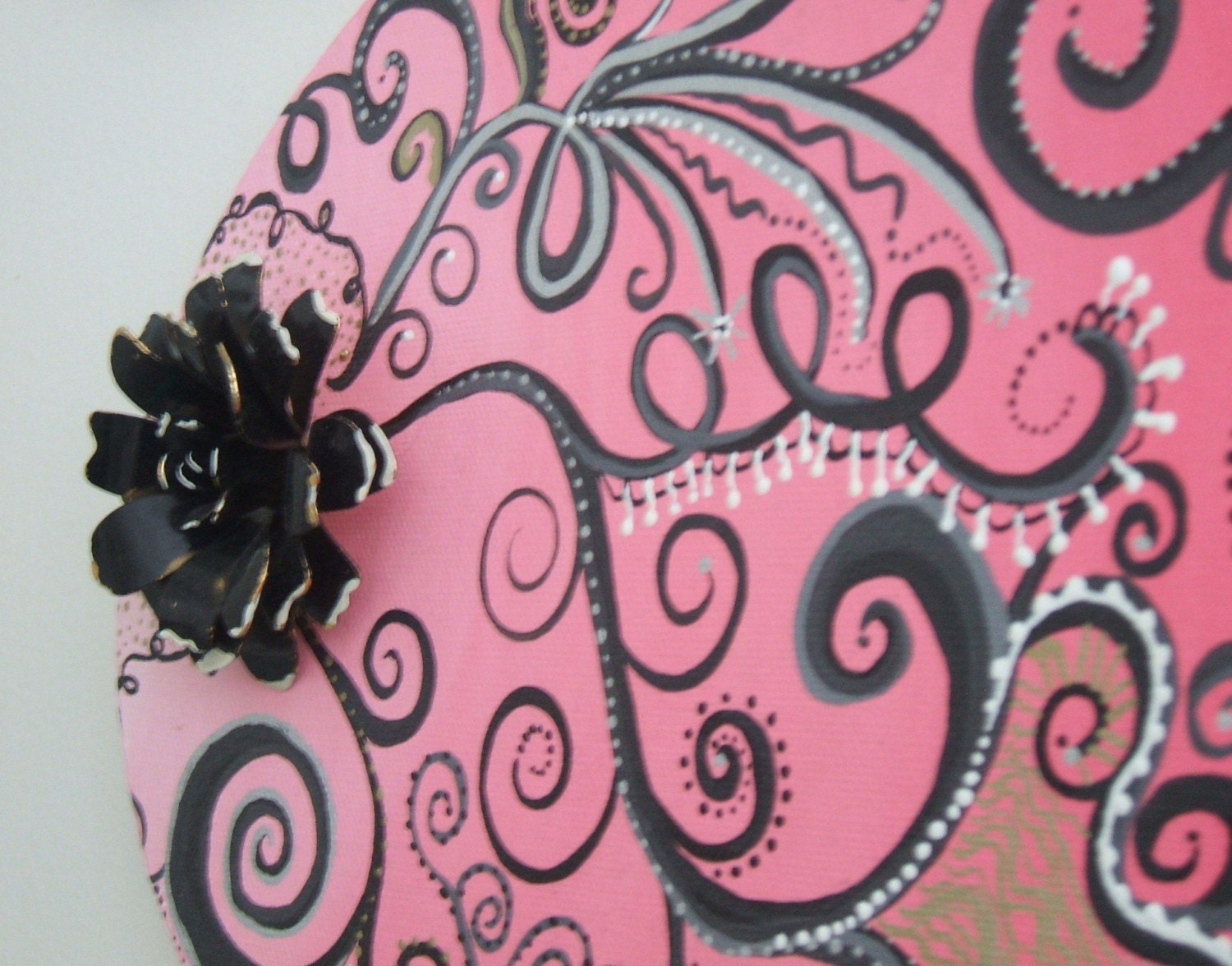 Black Flower Swirl, Vintage Black Metal Flower Brooch Original Swirl Painting, Pink and Black