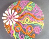 Peace, Love and Happiness, Vintage White Metal Flower Brooch, Swirls, Round