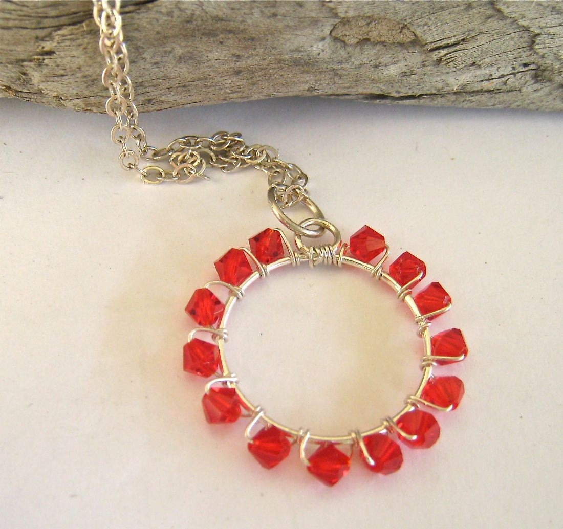 Circle necklace Bright RED swarovski crystals - wire wrapped with sterling silver