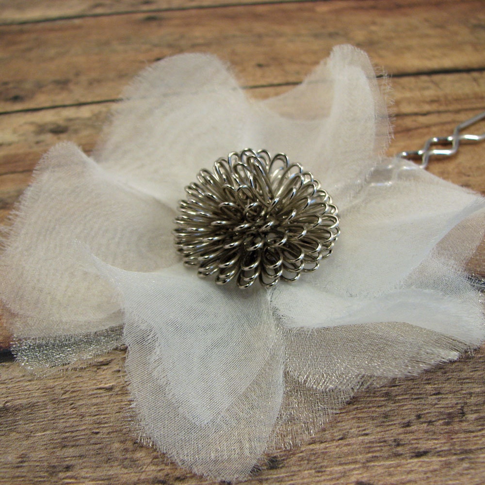 Floral Bridal hairpin with hand cut organza petals, silver and ivory