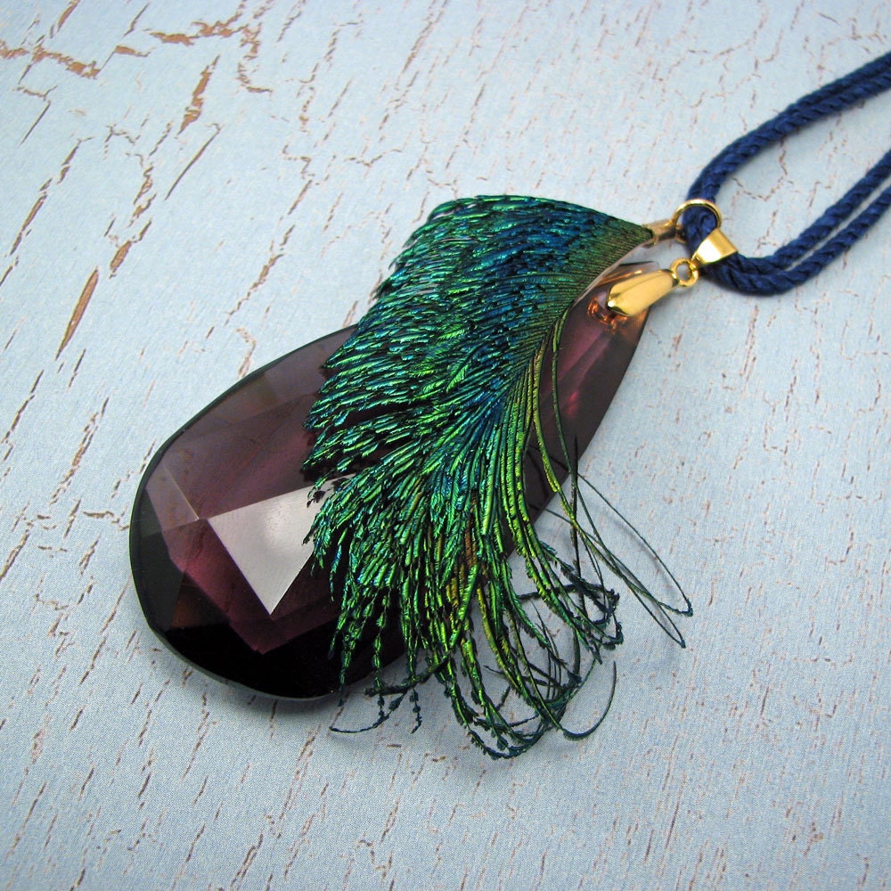chandelier crystal necklace - feather necklace - purple chandelier crystal with peacock feather on cobalt blue cord