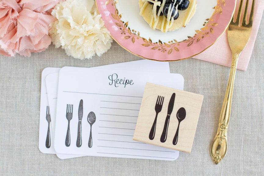 Silverware Rubber Stamp - Fork Knife Spoon - Handcrafted Wood Mounted - Great for dinner party place cards wedding menu recipe cards & more