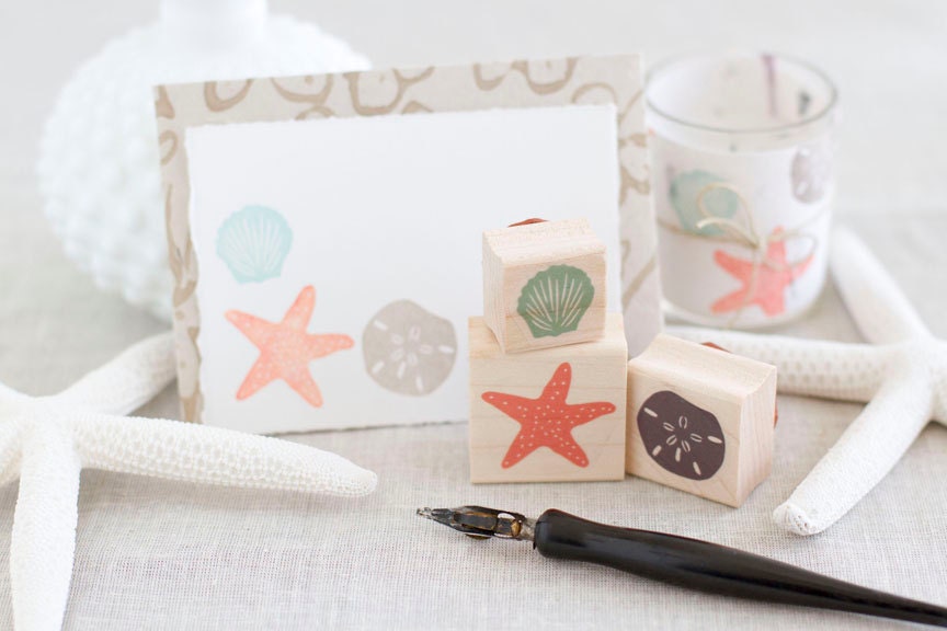 Beach Rubber Stamp Set - Sand Dollar Starfish Seashell - Handcrafted Wood Mounted - Great for Destination Weddings and Travel Scrapbooks