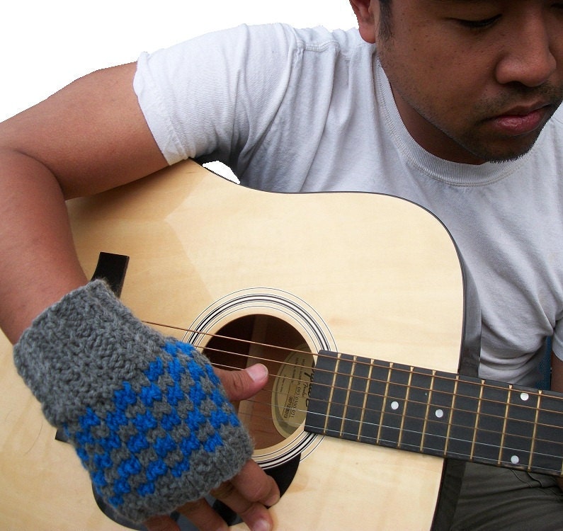 men's fingerless gloves - Gray Skies - hand knit in grey and blue checkers -MADE TO ORDER