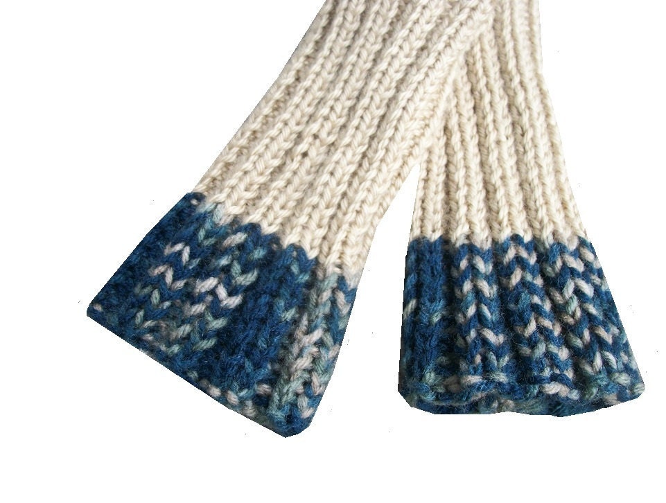 MADE TO ORDER Knit Fingerless Gloves - Hand made in neutral with blue