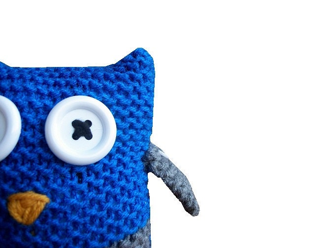 Knit Owl Plush - stuffed animal in blue, gray, and yellow
