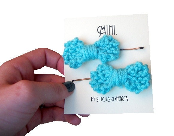 Mini Knit Hair Bows - Turquoise Bows on Bobby Pins - christmas stocking stuffer
