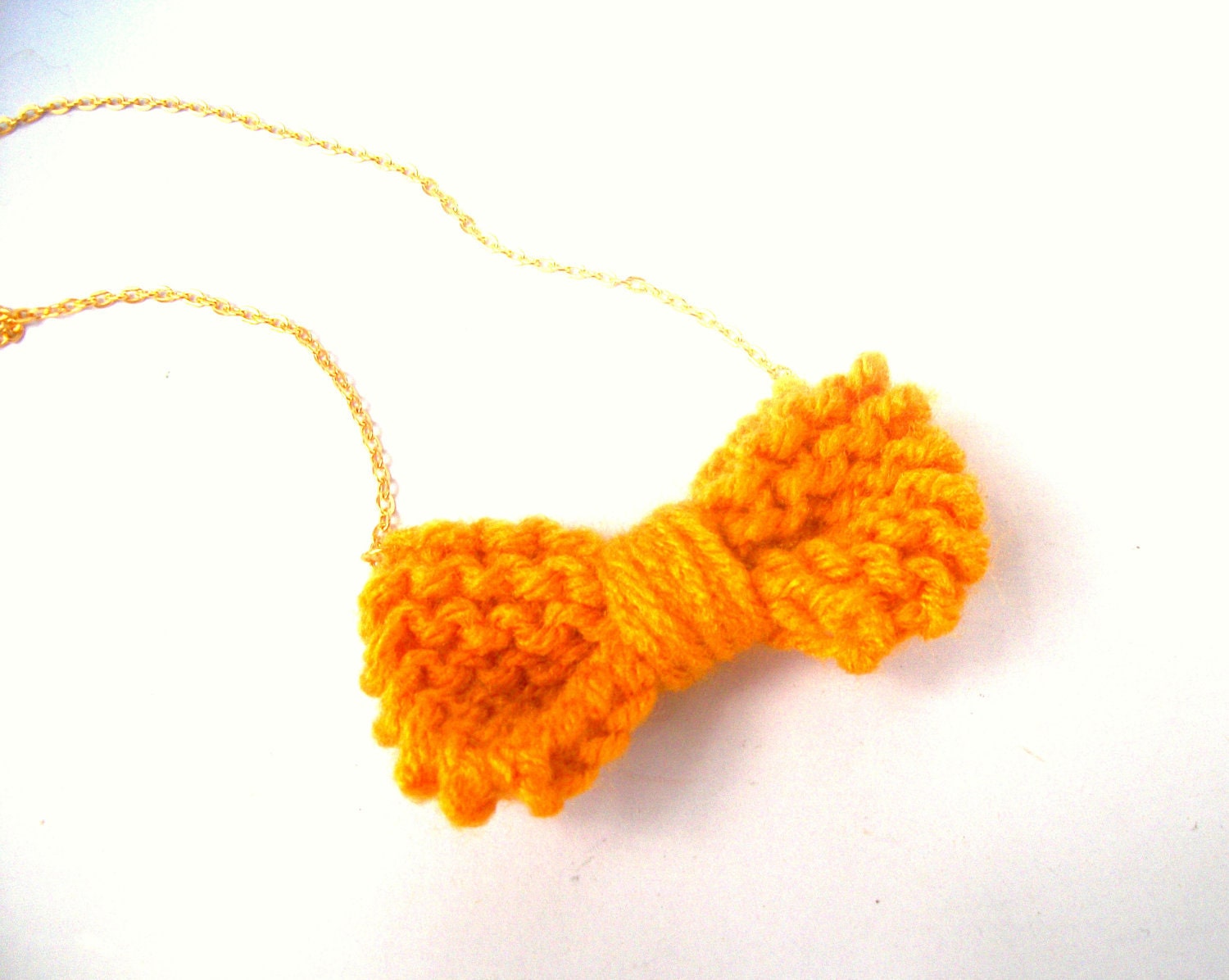Knit Bow Necklace - hand knitted mustard yellow bow on gold chain