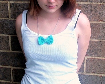 Turquoise bow necklace - hand knit on silver chain