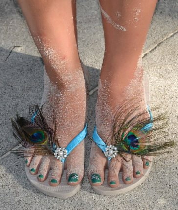 So Sweet Bride Gabriella Pearl and Rhinestone Natural Peacock Feather Wedding Flip Flops