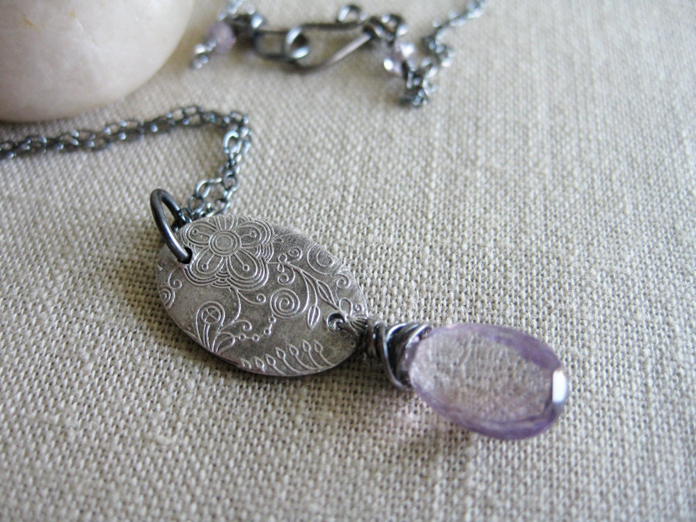 Floral Gemstone Necklace Ametrine PMC Reclaimed Silver Purple Gemstone Oxidized Gray Sterling Silver - Wisteria
