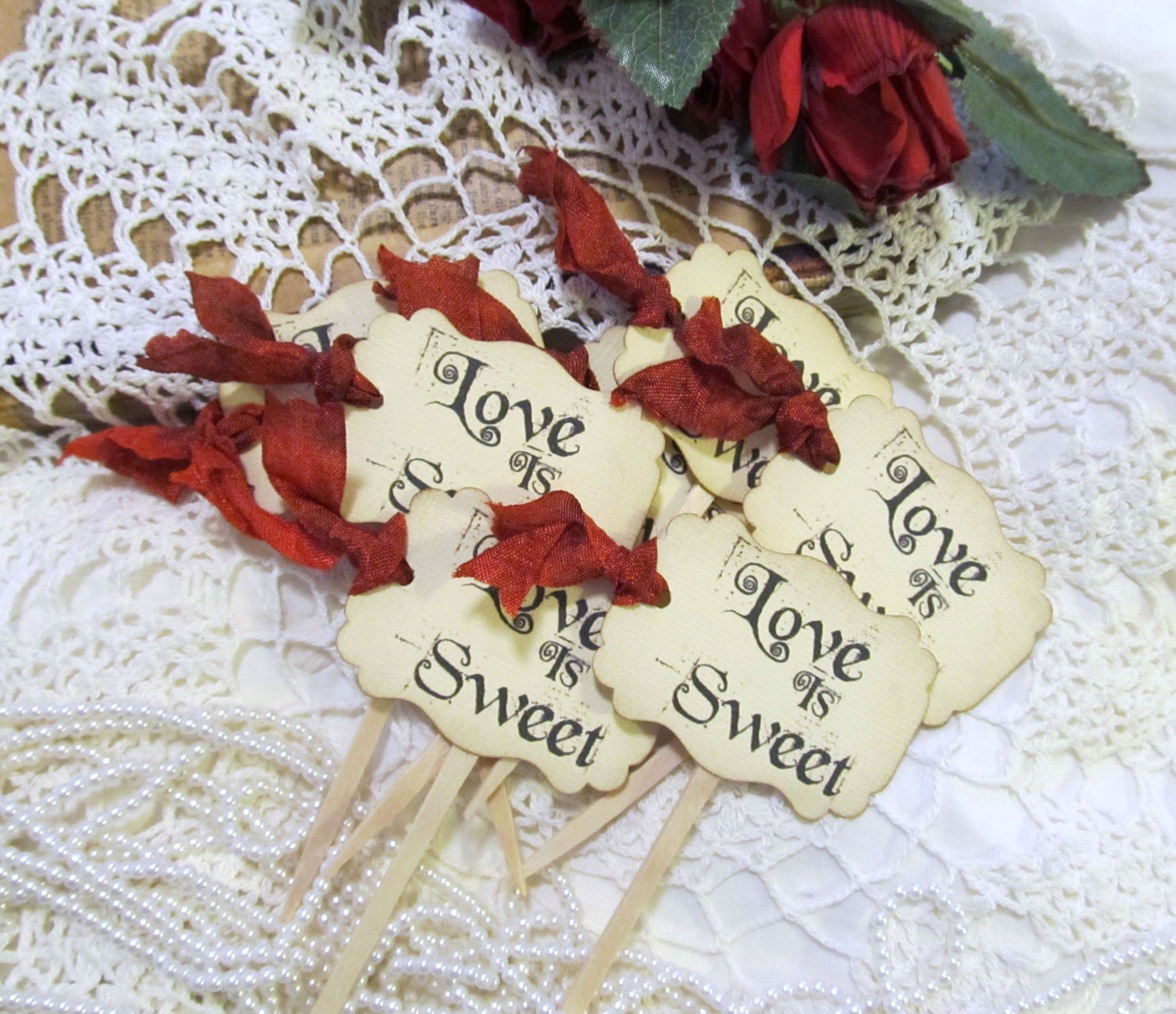 Love is Sweet Ivory Linen Cupcake Cake Slice Toppers-Set of 18- Choice of Ribbon Color